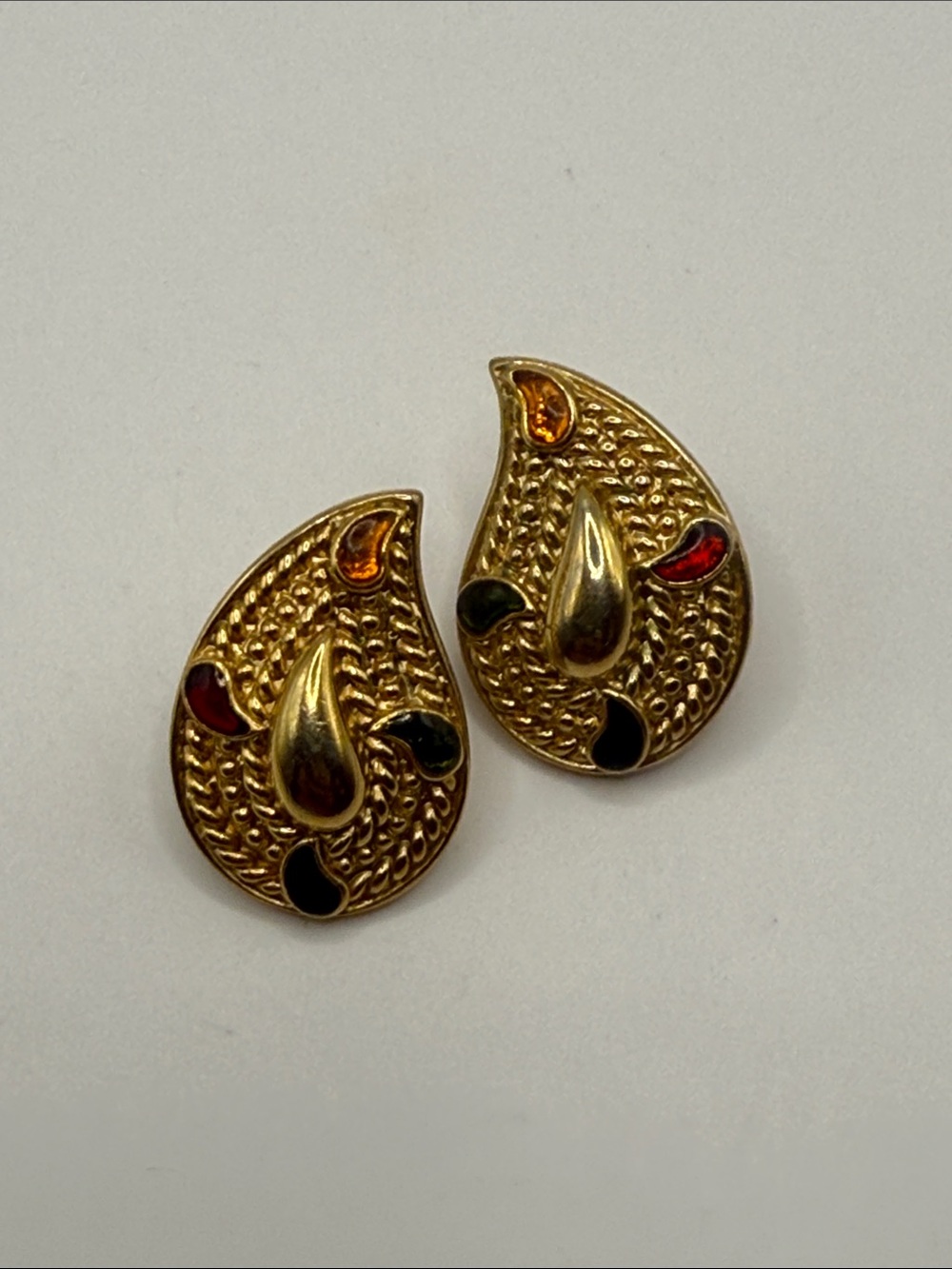 Vintage Gold Tone Paisley Multicolored Stud Dangle Drop Statement Earrings